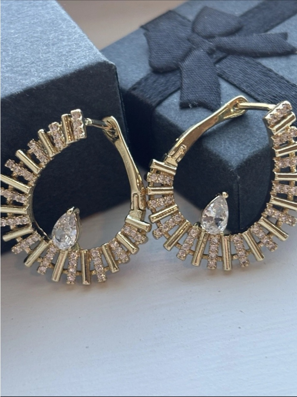 Gold Plated Crystal Teardrop Hoop Earrings Statement Sparkle Pave Sunburst Hoops